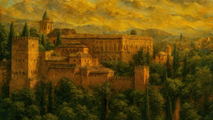 Alhambra Palace Wall Art, Andalusian Architecture Print, Granada Spain Landscape, Islamic Palace Artwork, Moorish Castle AI Art, Large Printable