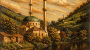 Uzungol Mosque Wall Art, Turkey Landscape Print, Islamic Architecture Nature Scene, Mountain Lake Artwork, Large Printable AI Art